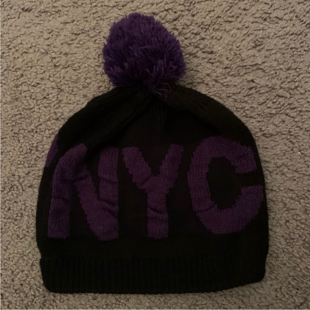 Black and Purple NYC Pom-Pom Hat